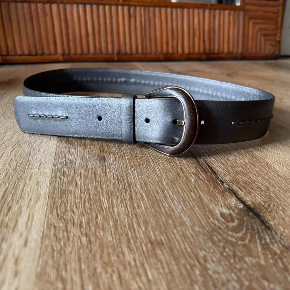 Salvatore Ferragamo Grey Metallic leather belt with wooden bit and silver buckle
